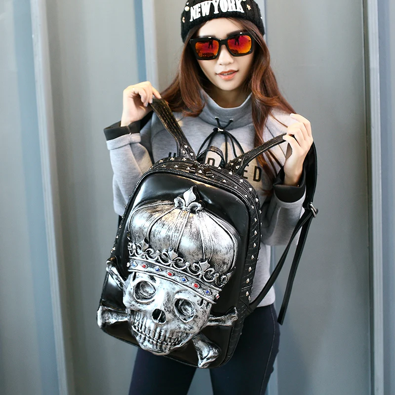 

Fashion 3D Embossed Crown Skull Backpack bags for Women unique Girls Cool Rock Bags Rivet Personality Laptop bag for Teenagers
