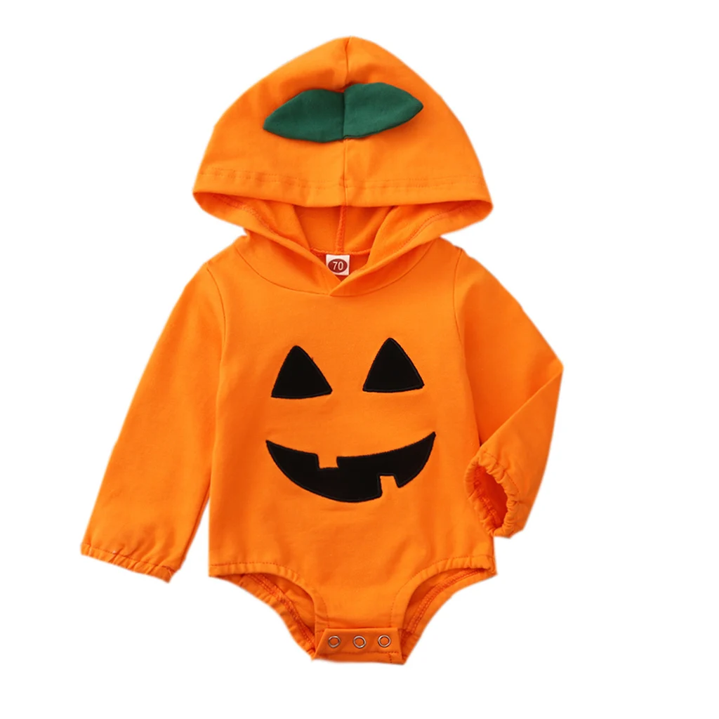 Baby Boys Girls Halloween Hodded Outfit Pumpkin Long Sleeve Bodysuit Hat Socks My First Halloween Costumes 0-18M