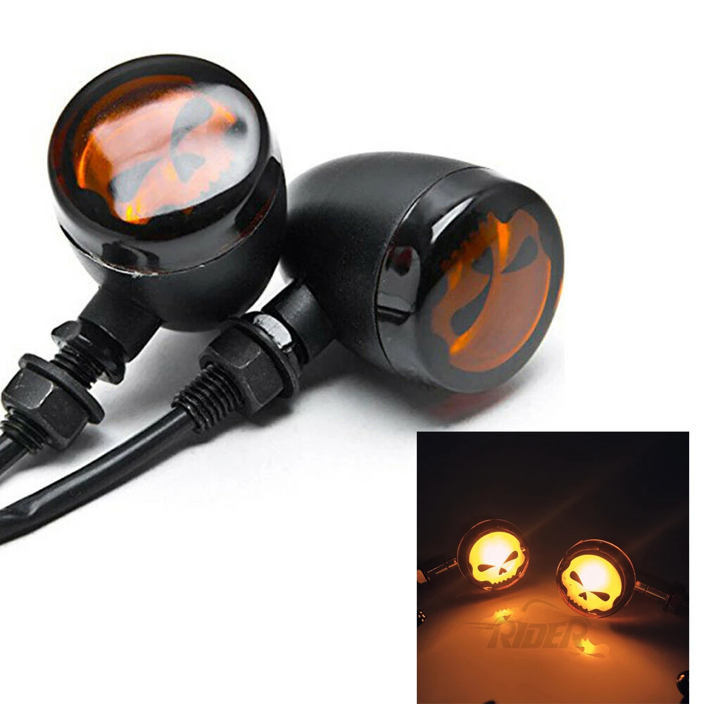 

2pcs Motorcycle Bike Black/Sliver Skull Indicator Blinker Turn Signal Light Amber 12V Universal