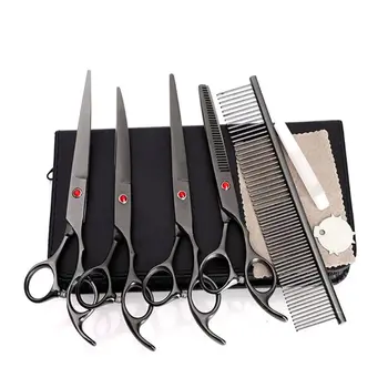 

7in Professional Stainless Steel Pet Grooming Kit Straight Thinning Curved Scissors Comb Set for Dog Cat Animal
