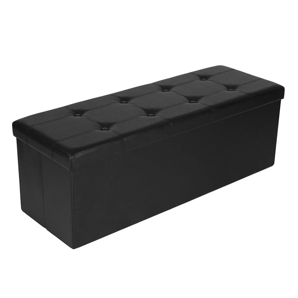 

Practical PVC Leather Rectangle Shape with Leather Button Footstool Large Size Black
