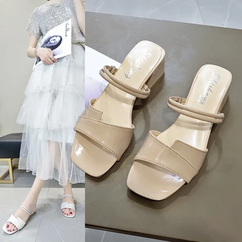 

Shoes Woman 2020 Slippers Casual Slipers Women Med Square heel Luxury Summer New Soft Block Rubber Rome Slides Fashion Scandals