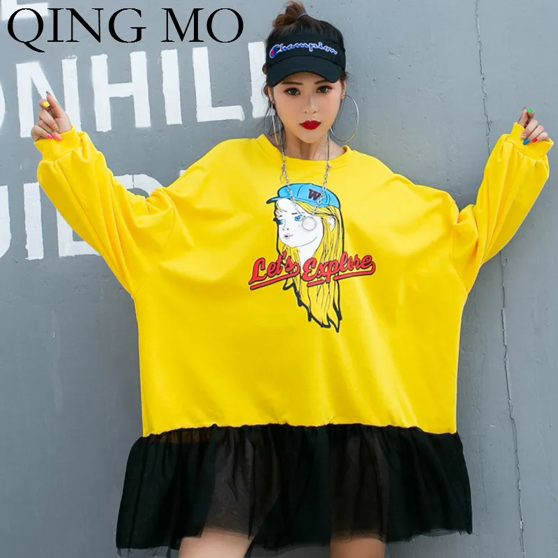 QING MO beauty женское платье с принтом, рукав летучая мышь, женское Сетчатое лоскутное свободное платье, уличная мода, Весенняя мода ZQY1528