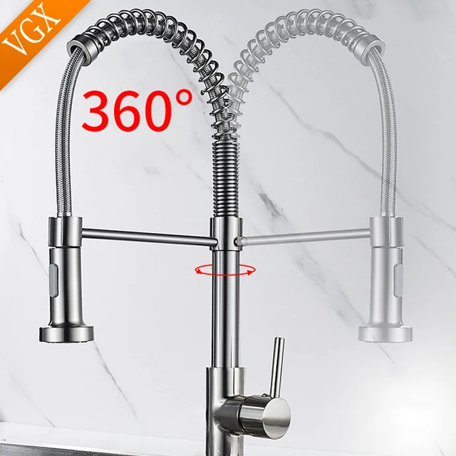 VGX Kitchen Faucet with Pull Down Sprayer Single Handle Mixer for Basin 360° Rotating Spring Style Taps Brass Chrome Gold Black 3