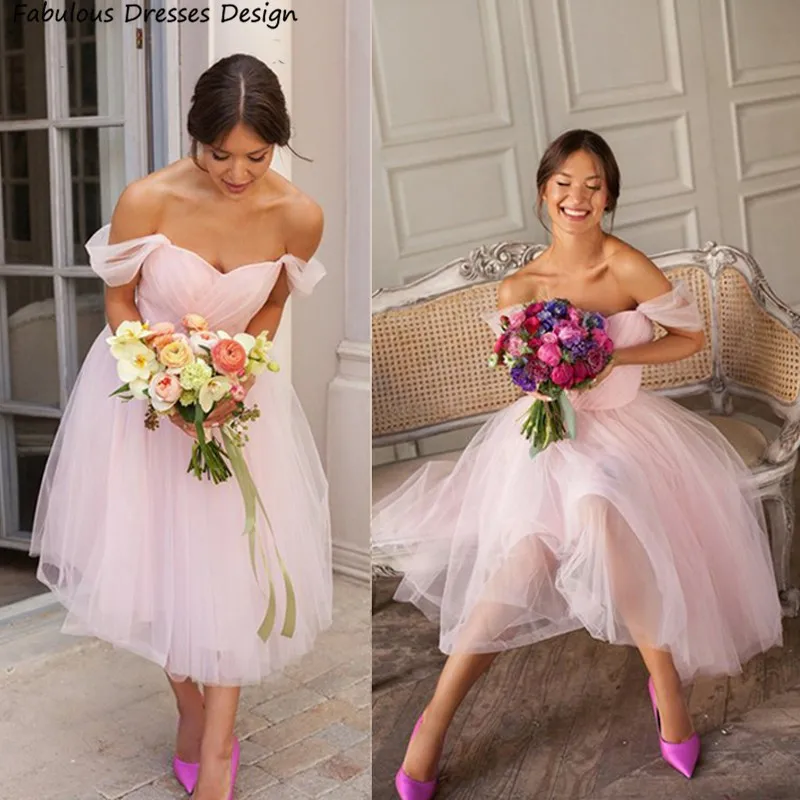 

Pink Off Shoulder Bridesmaid Dresses Tea Length Sexy Backless Pleat Tulle A-line Wedding Party Dress Women Prom Gown