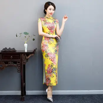 

Traditional Chinese Clothings Womens Satin Long Cheongsam Vestido Mujer Qipao Dress Flower Big Size Qipao
