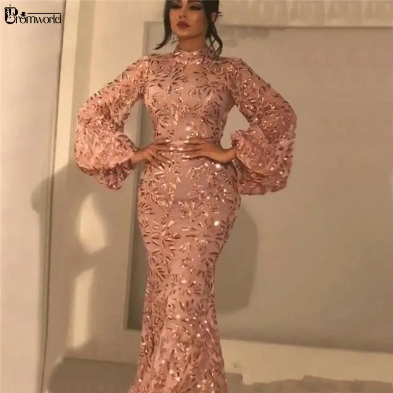 

Elegant High Neck Lace Mermaid Arabic Evening Dresses 2019 Long Sleeves Sequins Floor Length Muslim Formal Party Prom Dress Long