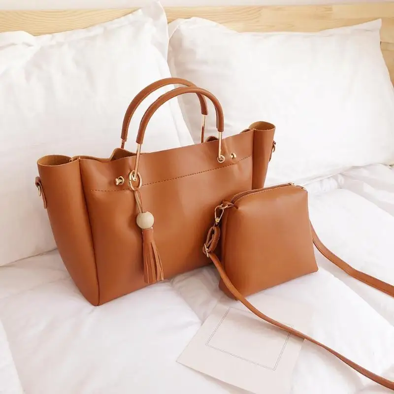 2 шт./компл. сплошной Цвет плеча Сумки Для женщин большой Ёмкость из искусственной кожи с кисточками сумки через плечо сумка на плечо, сумка-клатч для леди