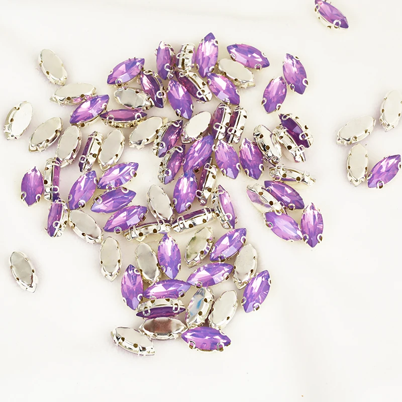 Sew On Rhinestones 30pcs Mixed Color Sliver Claw White Pink Blue Purple Opal Rhinestone Horse Eye Jewel Beads for Garment Accessories
