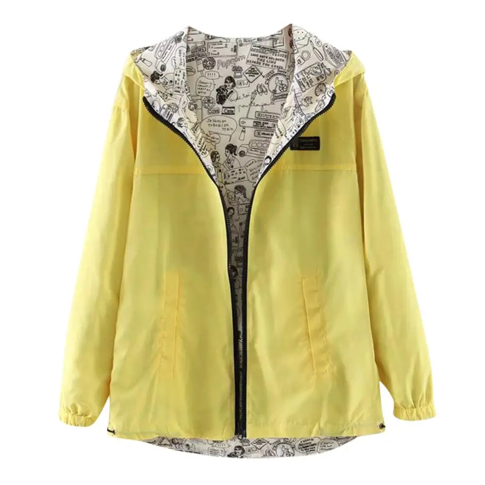 Women Casual Solid Color Print Wear on both sides Long Sleeve Hooded Jackets Ladies Sport Running Quick Dry Outwear Coat