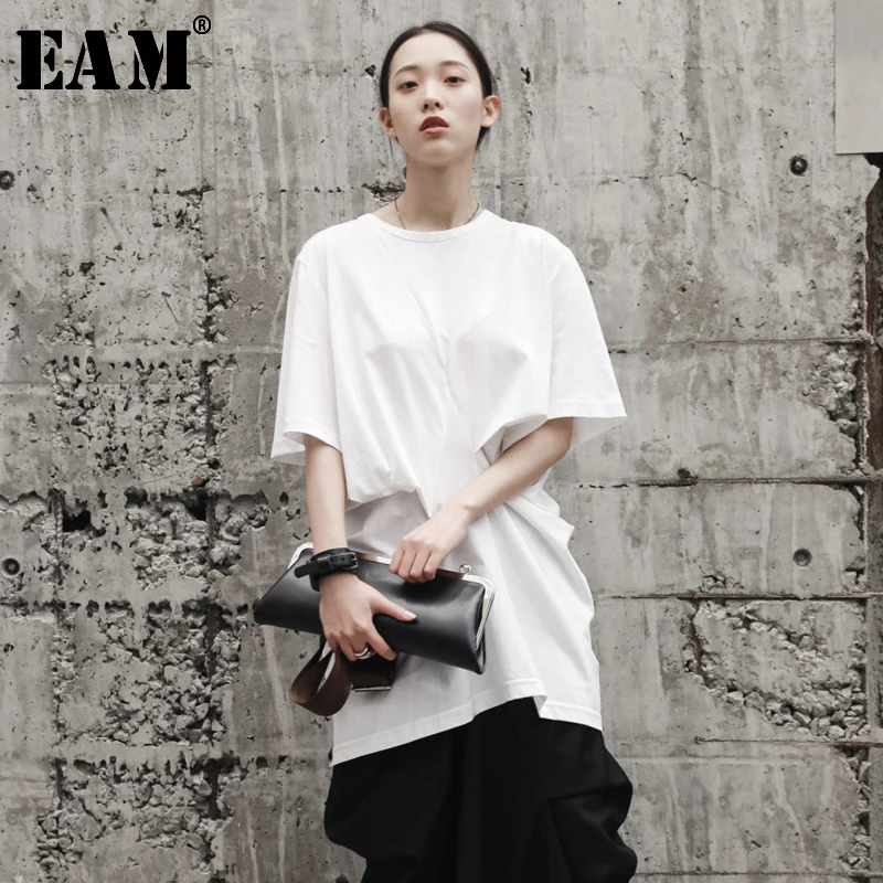 

[EAM] 2020 New Spring Summer Round Neck Half Sleeve White Loose Fold Split Joint Loose Personality T-shirt Women Fashion JR498
