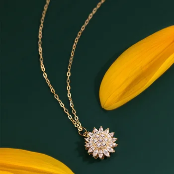 

Rotatable Sunflower Necklace 925 Sterling Silver Zircon Crystal Women Necklace Luxury Clavicle Chain PAK55