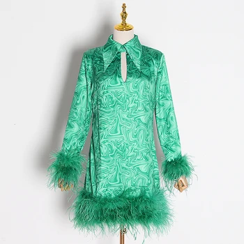

Print Patchwork Feathers Dresses for Female Lapel Collar Long Sleeve Tassel Mini Autumn Women's Dress 2019 Fashion