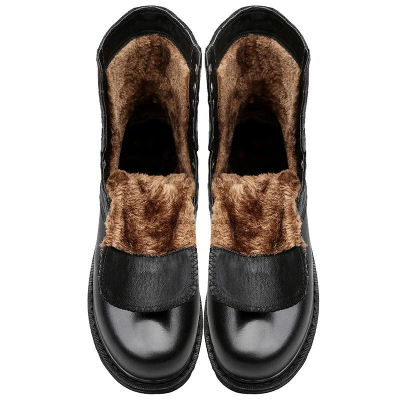 Black-Fur Модная мужская обувь; зимние теплые мужские ботинки из натуральной кожи; Рабочая обувь с высоким берцем; военные ботинки; мужские повседневные кроссовки; Размеры 37-48 - Цвет: Black-Fur