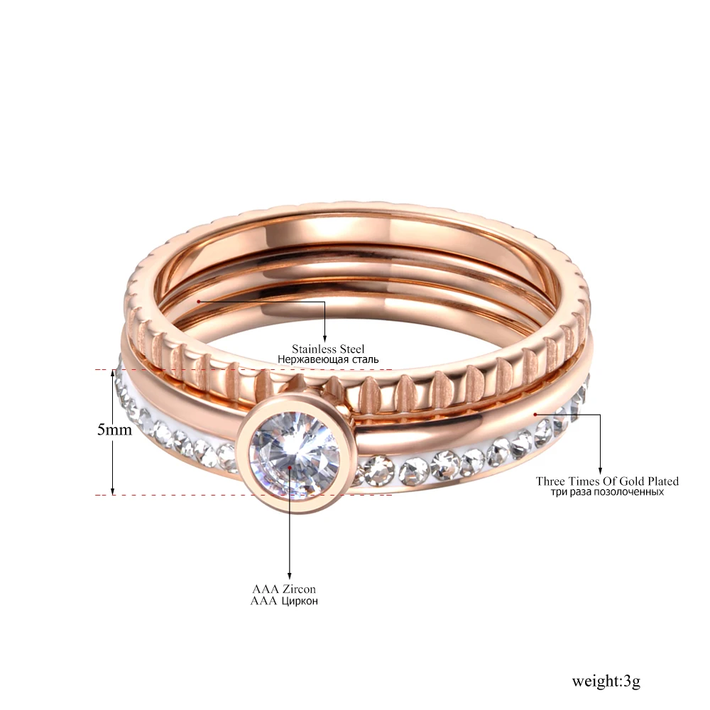 JeeMango Trendy 3 In 1 Rose Gold Cubic Zirconia Rings Jewelry Titanium Stainless Steel Wedding Engagement Ring For Women JR19065
