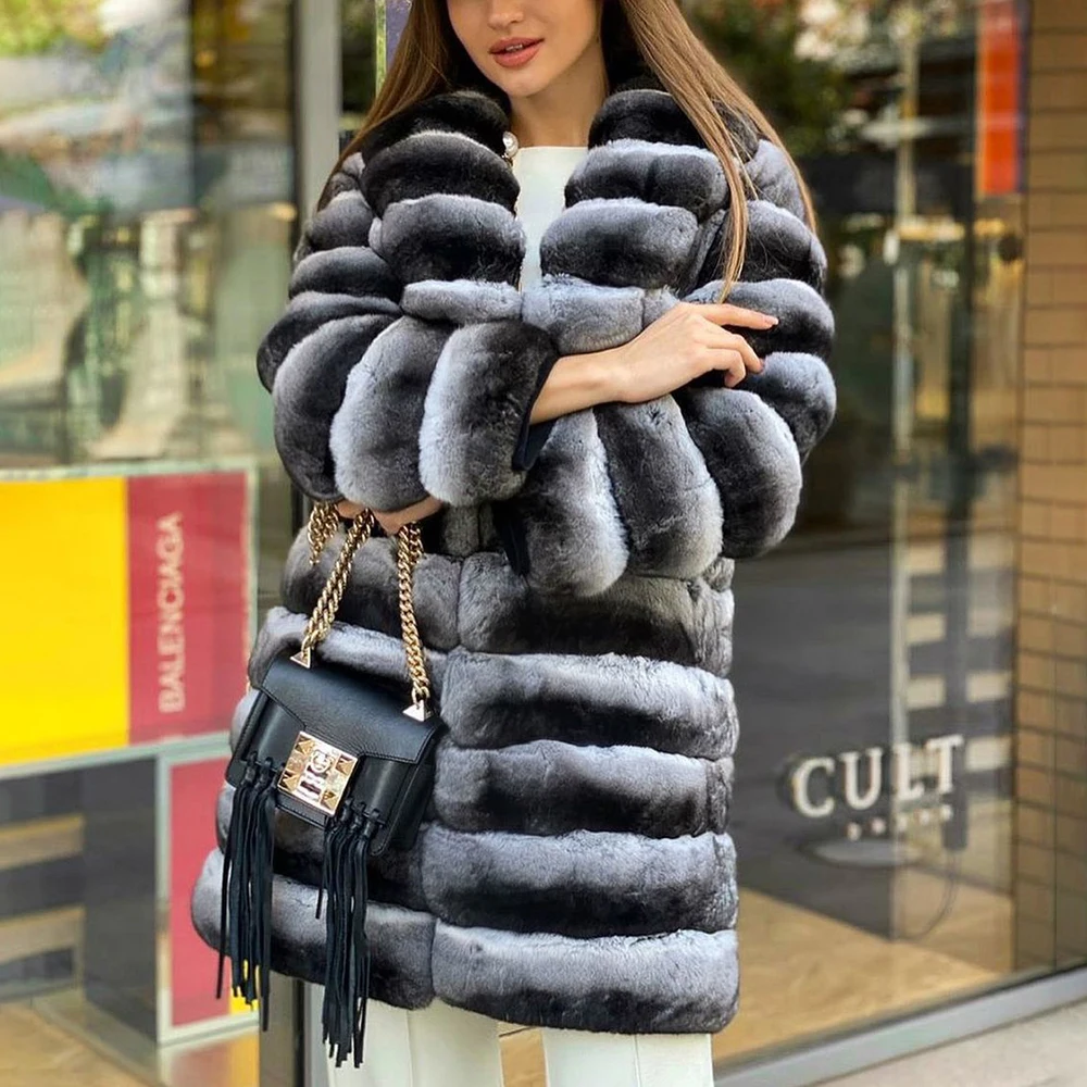 90cm Long Genuine Rex Rabbit Fur Coat Chinchilla Color Natural Whole Skin Real Rex Rabbit Fur Coat with Turn-down Collar Outwear women long real rex rabbit fur coat winter fashion 2022 new whole skin genuine rex rabbit fur coat chinchilla color overcoats