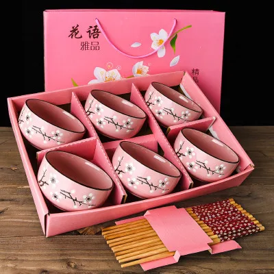 6PCS pink Китайская цветущая вишня, керамическая миска для рисового супа, набор для микроволновой печи, маленькая Классическая салатная лапша Ramen с палочками для еды, посуда - Цвет: 6PCS pink