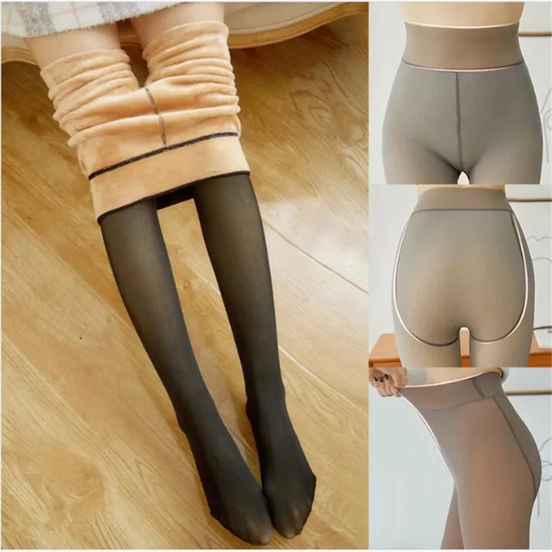 Sexy Tights For Women Fake Translucent Pantyhose Nude Stockings Slim Warm Fleece  Lined Stretchy Leggings Women High Waisted 