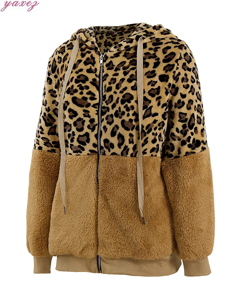 New Winter Fashion Leopard Patchwork Women's Jackets Faux Fur Plush Flocking Keep Warm Hoodies Zipper Ladies Coat