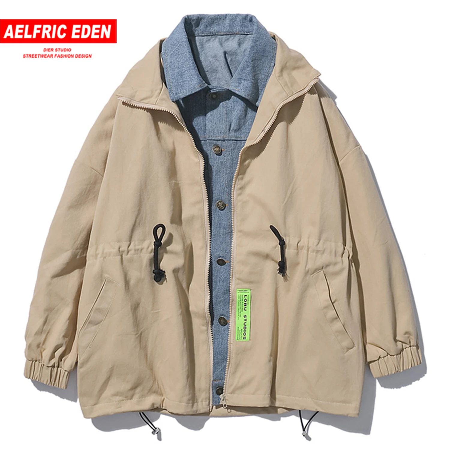 Aelfric Eden поддельные две части Мужская Рабочая куртка Harajuku Модные мужские топы хип хоп повседневные хлопковые негабаритные пальто уличная