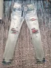 discounted men tartan fabric patch distressed jeans 1