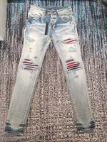 discounted men tartan fabric patch distressed jeans 1