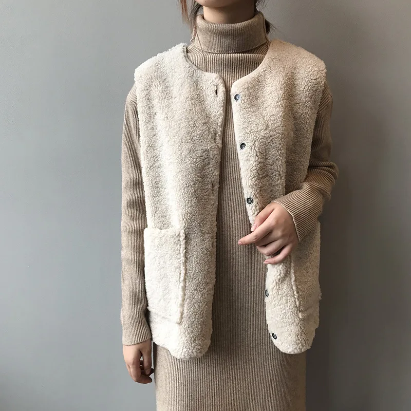 Lugentolo Women Vest Winter New Wool Sleeveless Loose Korean Plush Simple Single-breasted Pocket Solid Casual Lady Vests