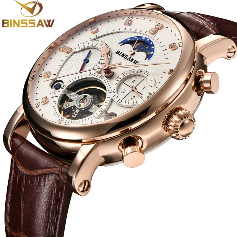 BINSSAW Men Watch Mechanical Tourbillon Luxury Fashion Brand Leather Man Sport Watches Automatic Relogio Masculino | Наручные часы