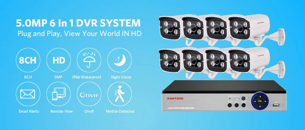 KANTURE h.265+ 8CH cctv dvr комплект SONY сенсор 5MP камера ночного видения система безопасности IP66 Водонепроницаемый P2P комплект видеонаблюдения