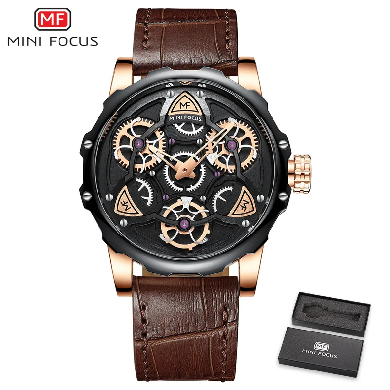 Brown MINIFOCUS новые модные мужские часы с ремешком из натуральной кожи, мужские кварцевые часы с хронографом, мужские часы - Цвет: Brown