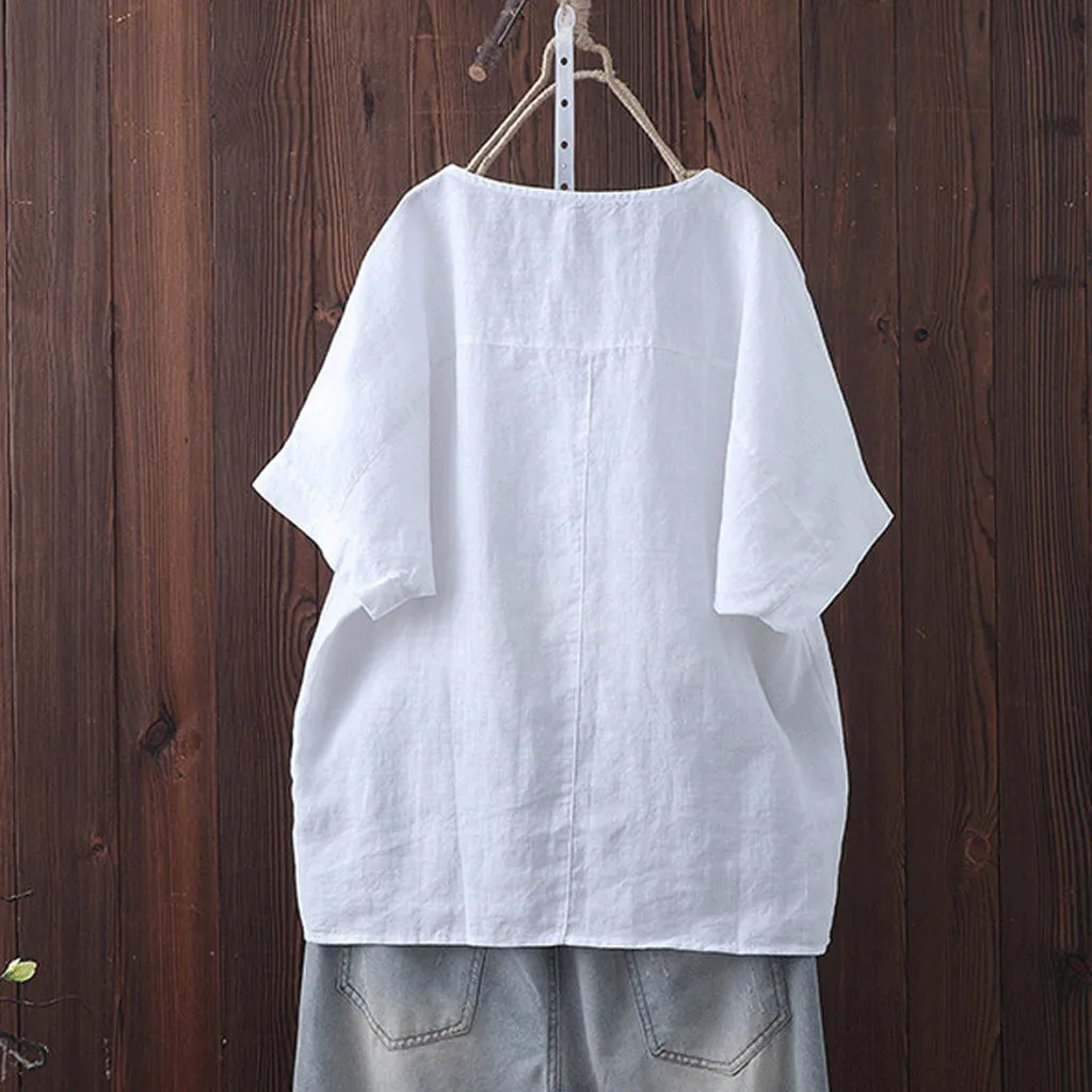 Plus Size Women Blouse Autumn Short Sleeve O-Neck Funny Cat Print Cotton Linen Blouse Fall Women Tops And Blouses Dames Kleding