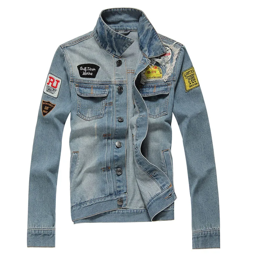 

MAGGIE'S WALKER Spring New European and American Style Plus Size Slimming Men's Printed Hole Retro Denim Jacket