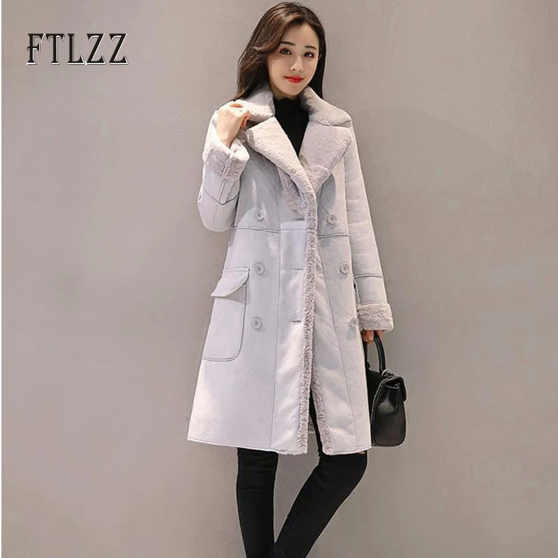 

Women Fashion Lamb Wool Lining Coat Winter 2019 New Female Thickening Medium Long Turn-down Collar Double-breasted Suede Overco