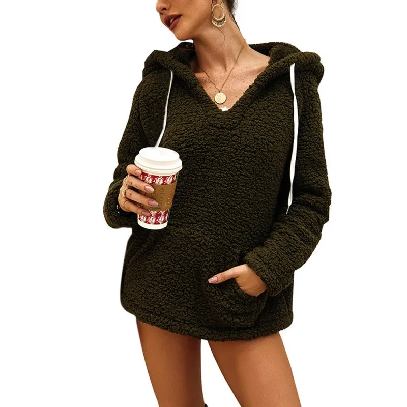 Зеленый Осень-зима, толстовка с капюшоном из искусственного меха, Женский пуловер с длинными рукавами, пальто, Женский карман, Повседневная плюшевая однотонная верхняя одежда для женщин - Цвет: Зеленый