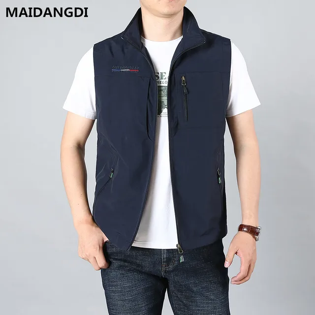 MAIDANGDI Men's Waistcoat Jackets Vest 2021 Summer New Solid Color Stand Collar Climbing Hiking Work Sleeveless With Pocket Blue