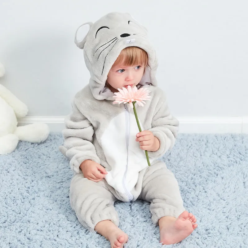 Cute mouse Детские комбинезоны; зимние теплые комбинезоны с капюшоном с изображением животных из мультфильмов; лиса; мышь; молоко; корова; лиса; коралловый флис; цельный комбинезон для новорожденных мальчиков; bebe - Цвет: Cute mouse