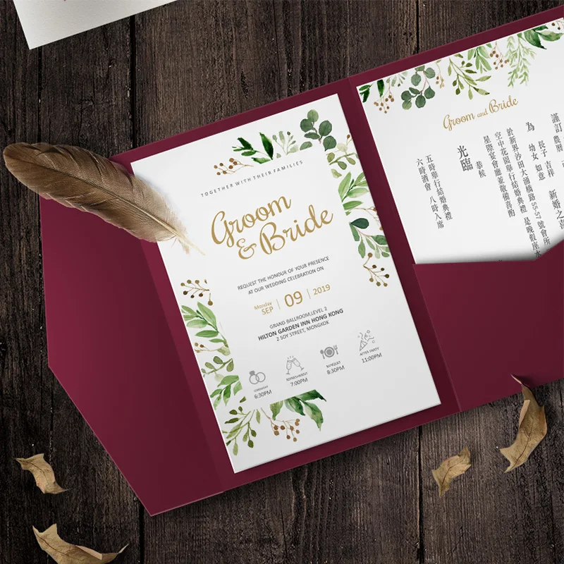 

30pcs Foldout laser cutting wedding invitation wine red simple invitation custom printing new European style