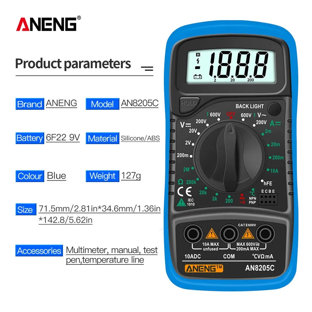 ANENG AN8205C Digital Multimeter AC/DC Ammeter Volt Ohm Tester Meter Multimetro Thermocouple LCD Backlight Portable digital multimeter multimeter tester
