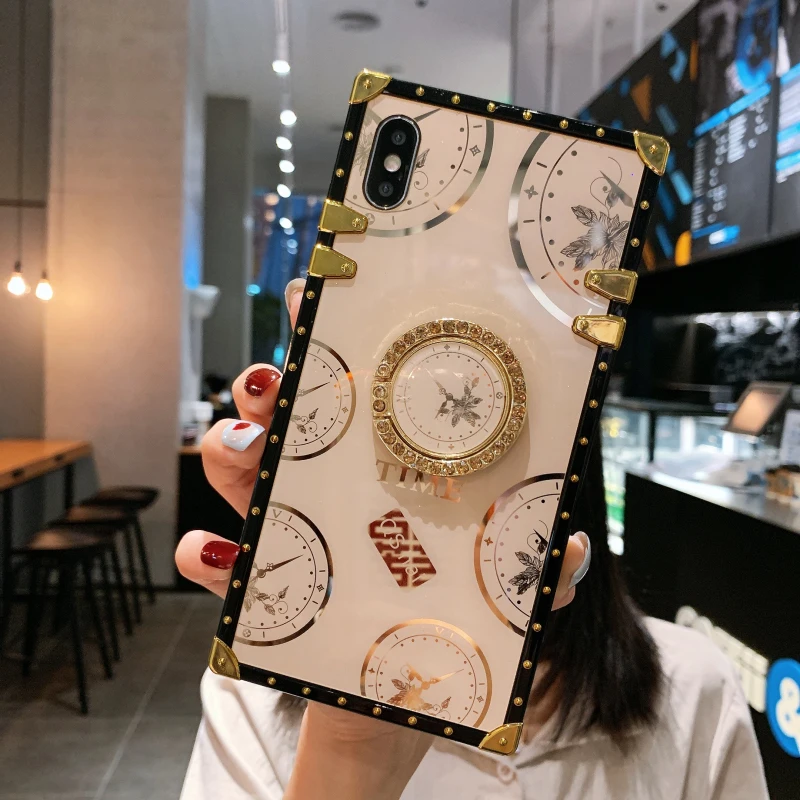 YXAYN time pattern TPU material square Phone Case For iPhone 12 Mini 7 8 Plus 11 Pro X XR XS MAX time Ring Bracket Cover