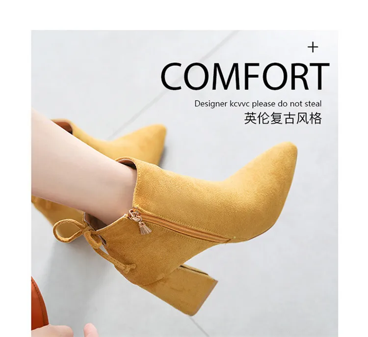 Hot Sale Women Boots Autumn Winter Flock Ankle Boots Female Square High Heels Shoes Woman Zipper Botas Zapatos Mujer