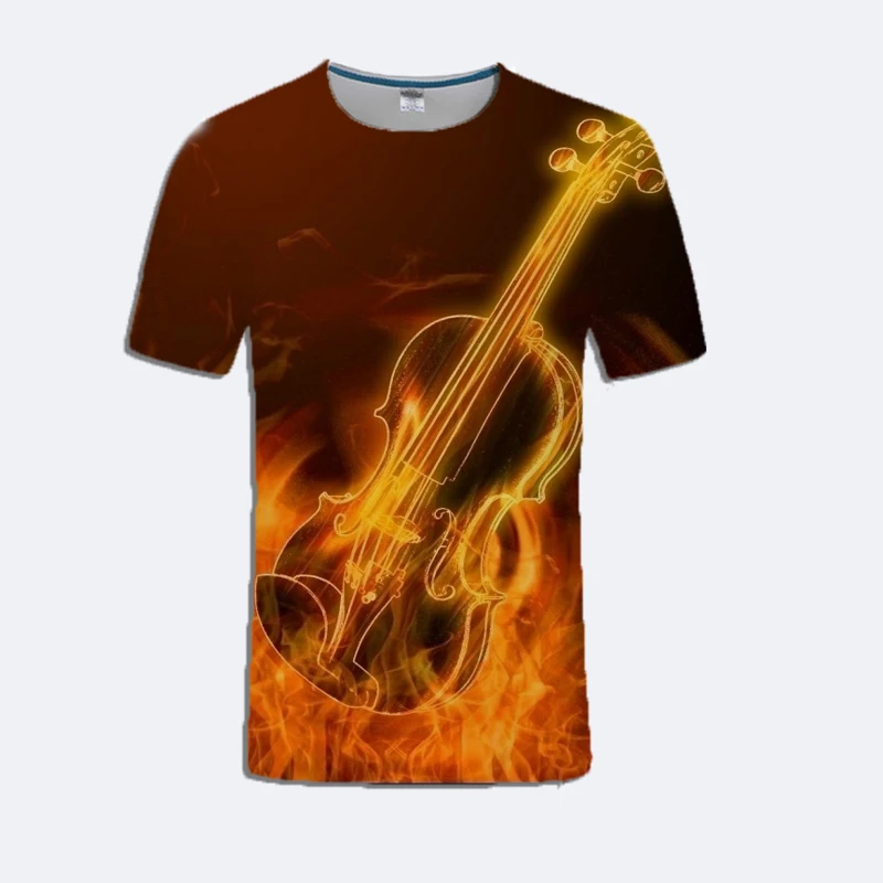 Летняя тонкая мужская футболка с круглым вырезом, забавная креативная 3D пламенная скрипка с принтом