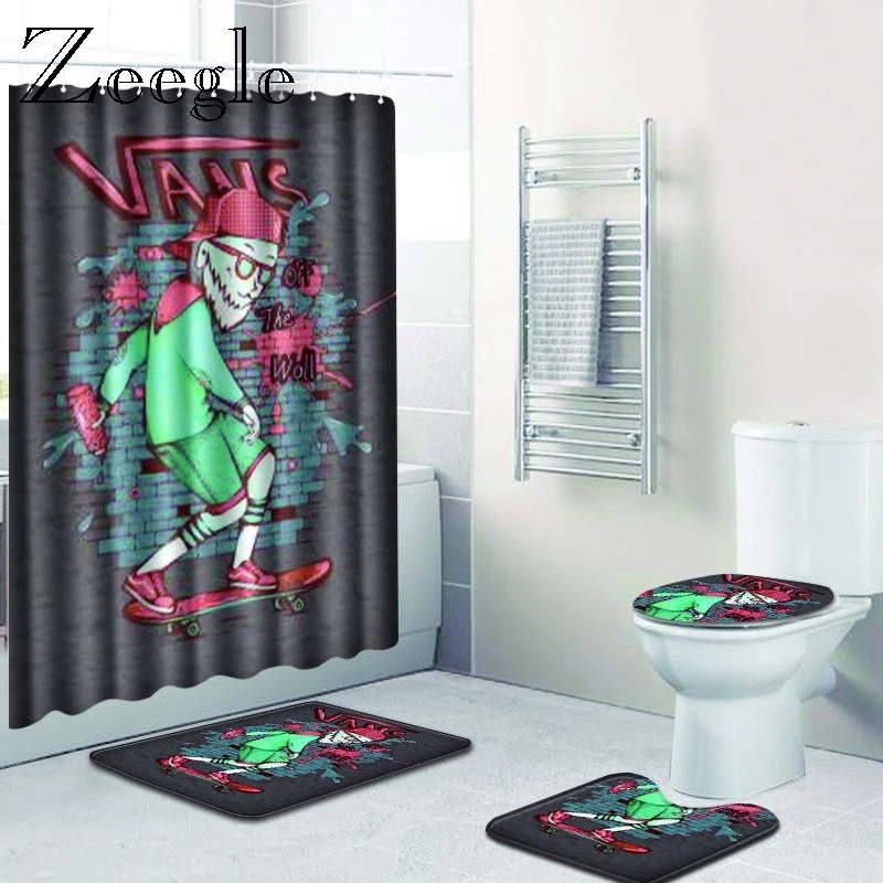 Zeegle Creative Bathroom Shower Curtain Set with Bath Mat Polyester Anti Slip Pedestal Rug Lid Toilet Cover Toilet Floor Rug