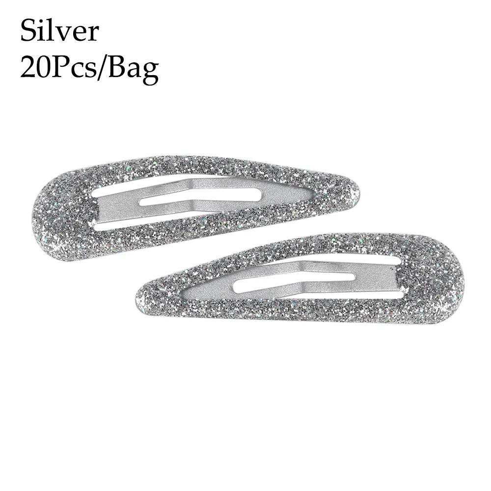 20Pcs/Bag 5cm Color Glitter Hairpins Snap Hair Clip Pins Baby Children Girls Headwear Cute Metal Hair Accessories Styling Tools - Color: Silver
