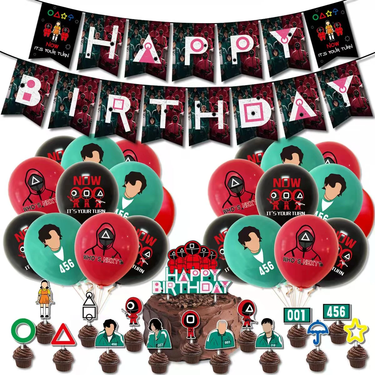 Squid Game Party Supplies Happy Birthday Banner Cake Toppers Squid Game  Latex Foil Balloons Party Decoration Fans Kids Adult Toy - Ballons &  Accessories - AliExpress