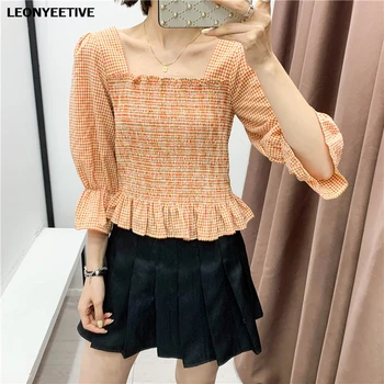

Z 2020 New Fashion Brand summerShirt Plaid Petal Sleeve Slash Neck Casual Half Polyester