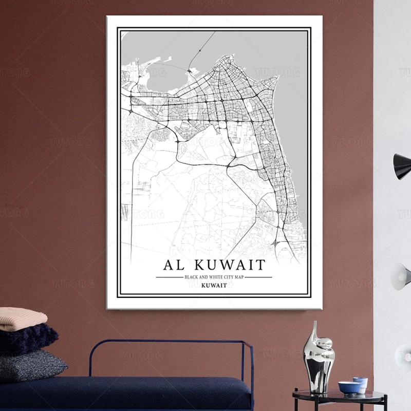AL KUWAIT poster CUSTOM City Map Black and White Print Wall Art Canvas
