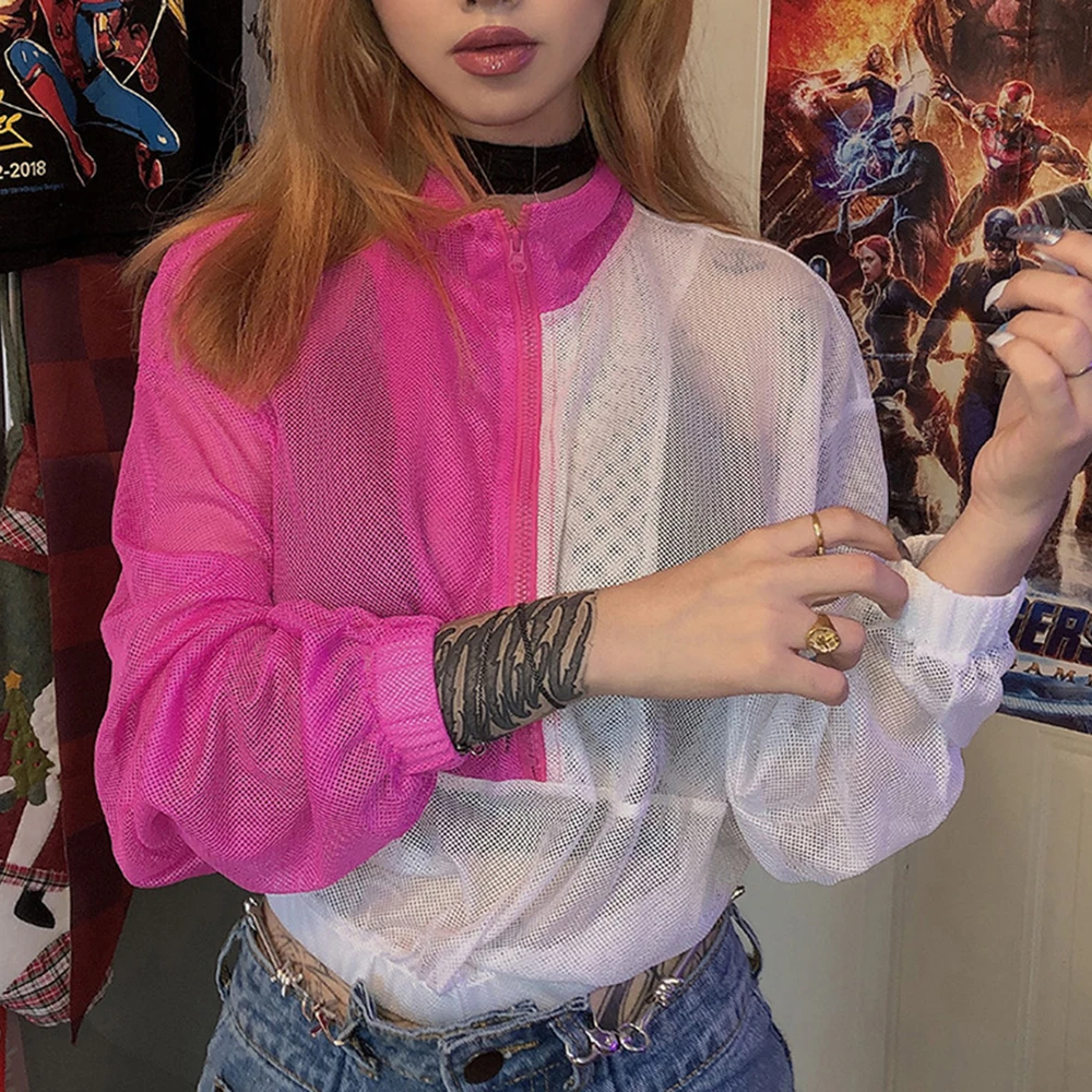 

Sexy Short Women Blouse Mesh See-Through Slash Neck Hollow Off Shoulder pink white Long Sleeve Club Street Goth Blouse