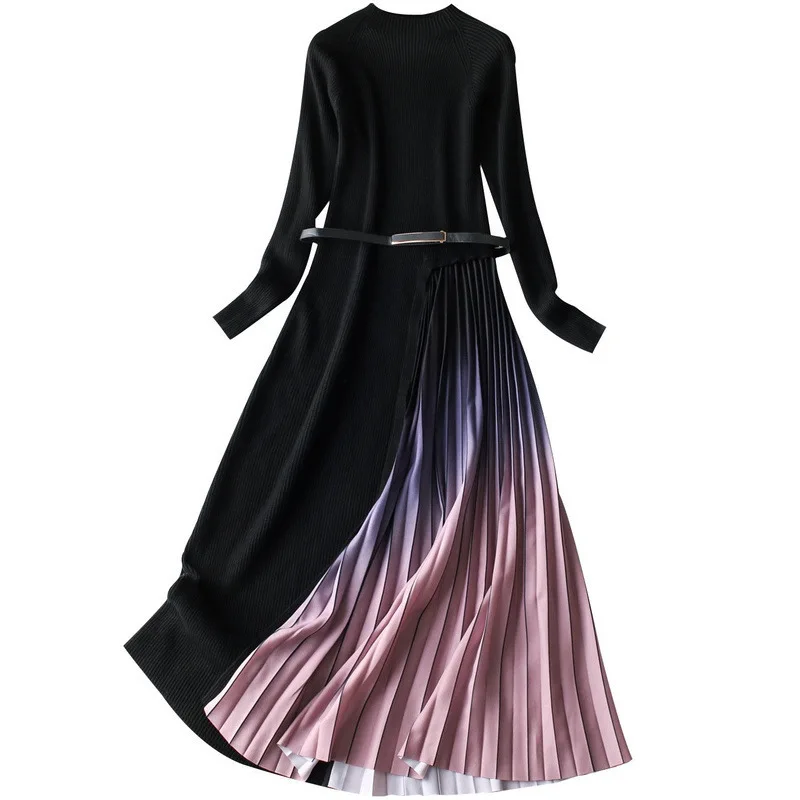 

2019 Winter New Arrival Fashion Long Sleeve Knitted Pleated Gradient Knit Dress Size S M L Free Shipping Worldwide