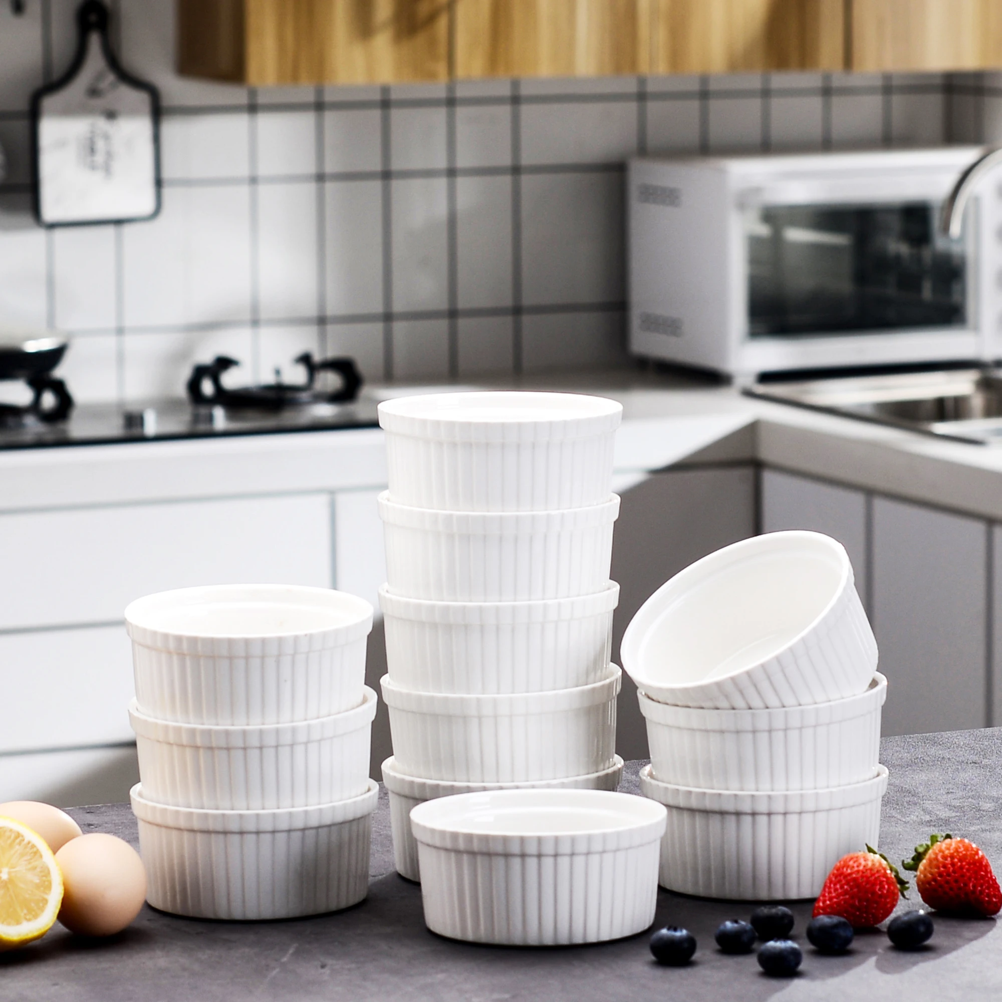 Malacasa Ramekin Series Set Di 12 4.3 "Porcellana Bianca Ramekins Souffle Cup Cottura Creme Brulee Budino Tazze Di Crema Pasticcera Ciotole