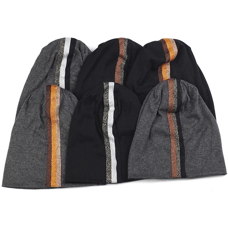 

Fashion Woman Man Cotton Beanies Skullies Caps Triple Color Stripe With Accessories For Adults Unisex Beanies Soft Warm Hat